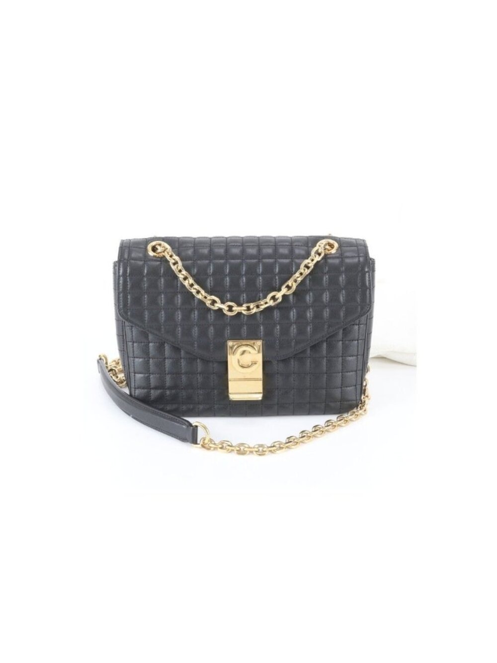 Celine Shoulder Bag C Medium Black Leather Quilted Chain Gold